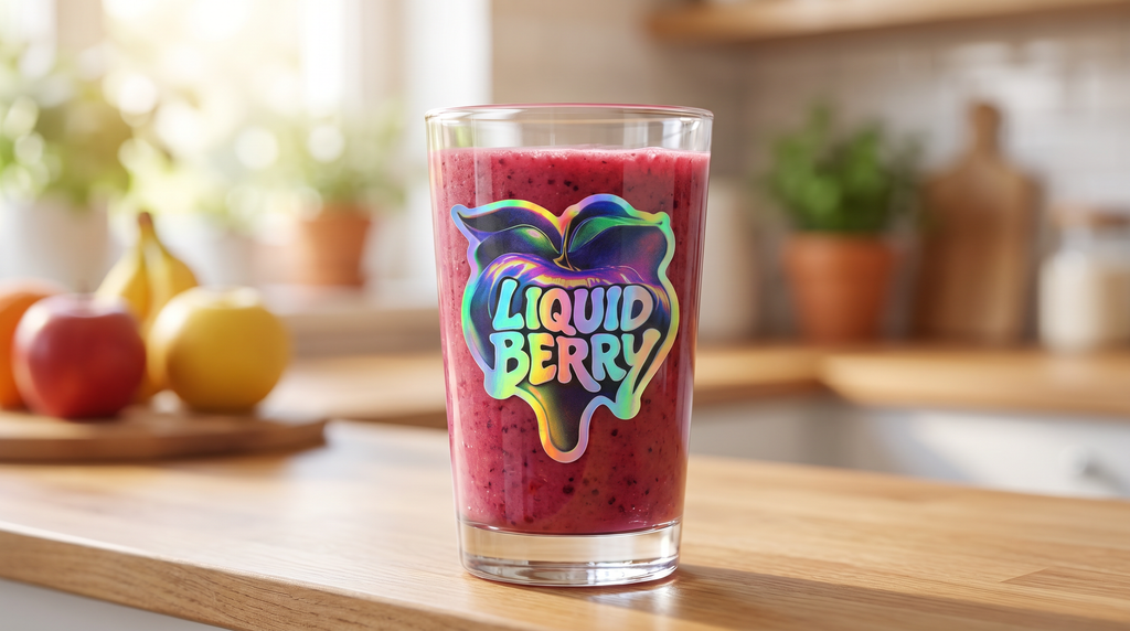 Glass of red liquid with Holographic 'Liquid Berry' sticker ' label on a kitchen counter