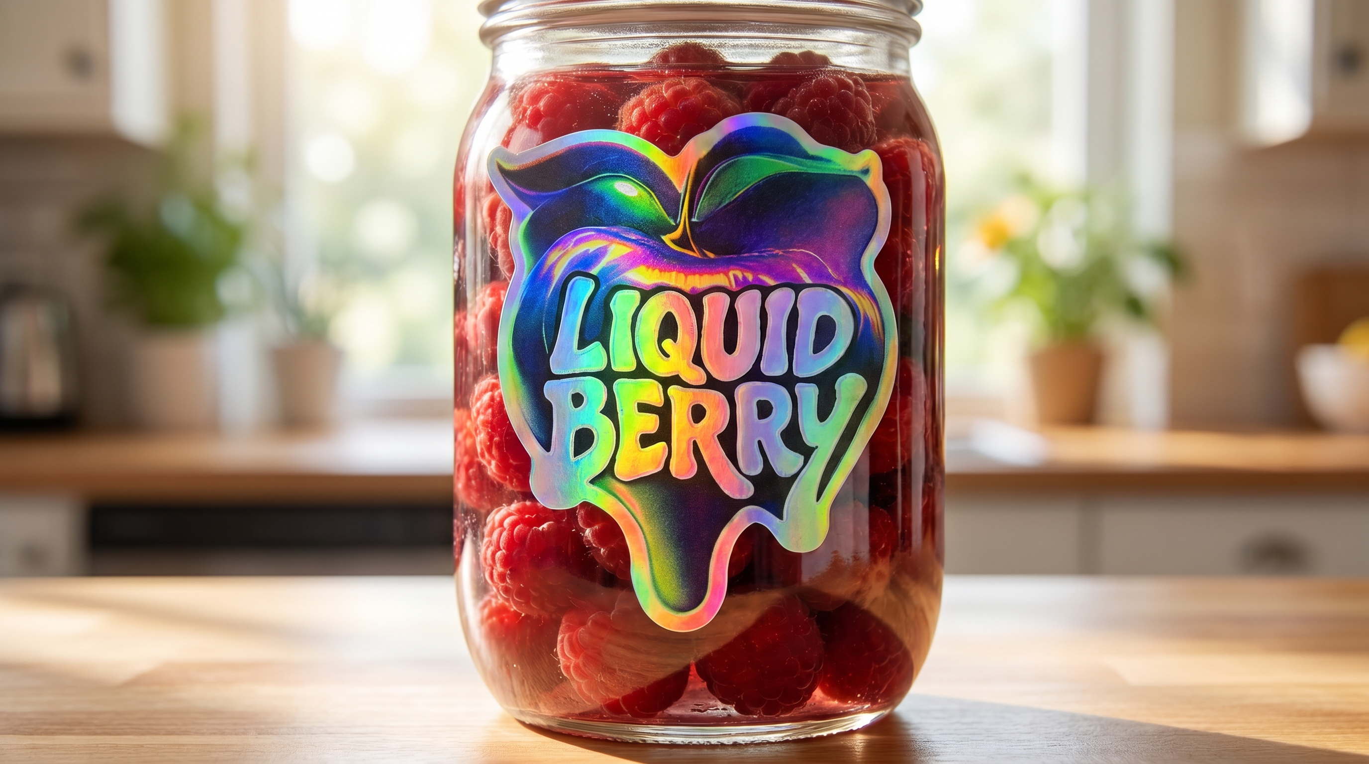 Jar of raspberries with a colorful with Holographic 'Liquid Berry' sticker  label on a kitchen counter.