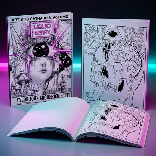 Artistic Catharsis Volume 1 book with a skull illustration on a dark background its a paperback cyber relic art book by Liquid Berry