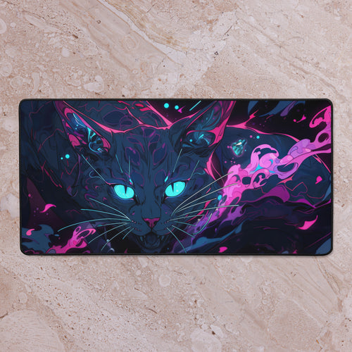 Decorative mat with a colorful cat design on a beige surface