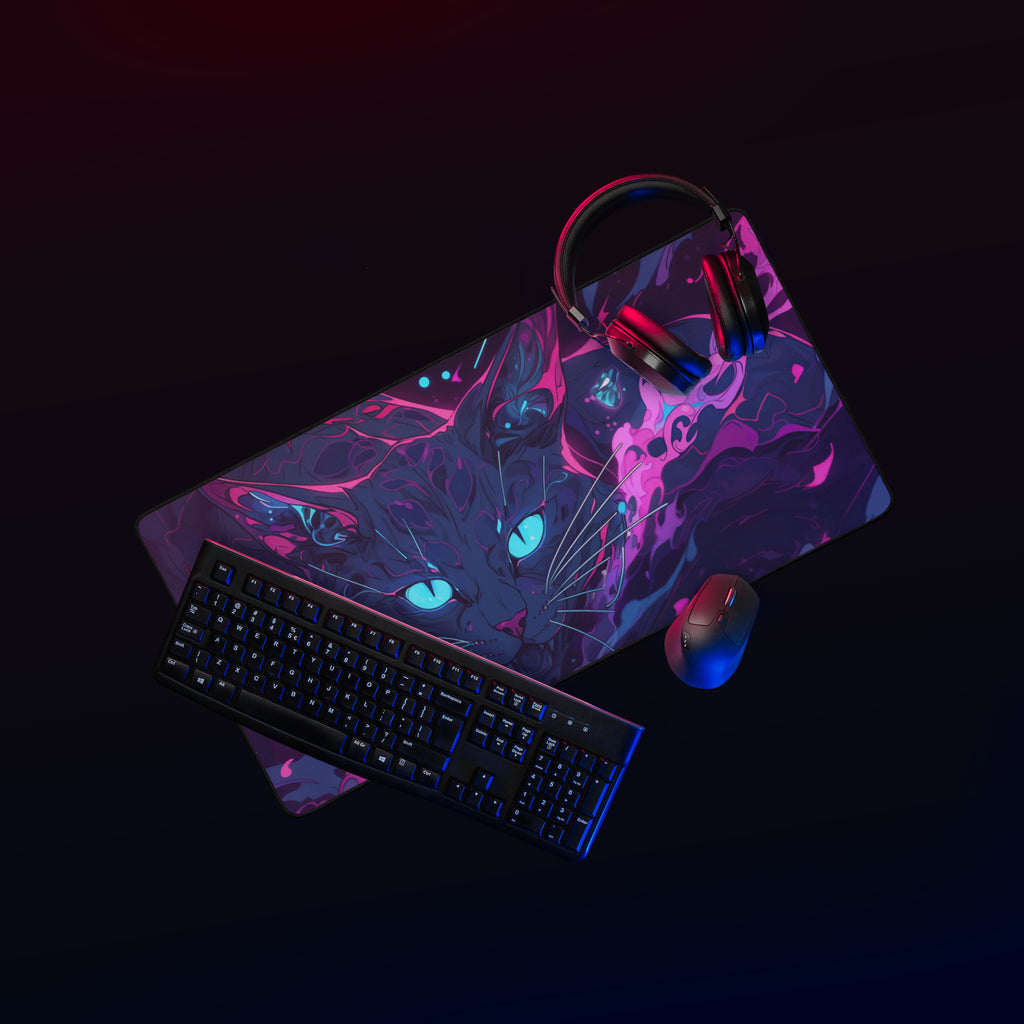 Gaming setup with keyboard, mouse, and headphones on a colorful mouse pad against a dark background