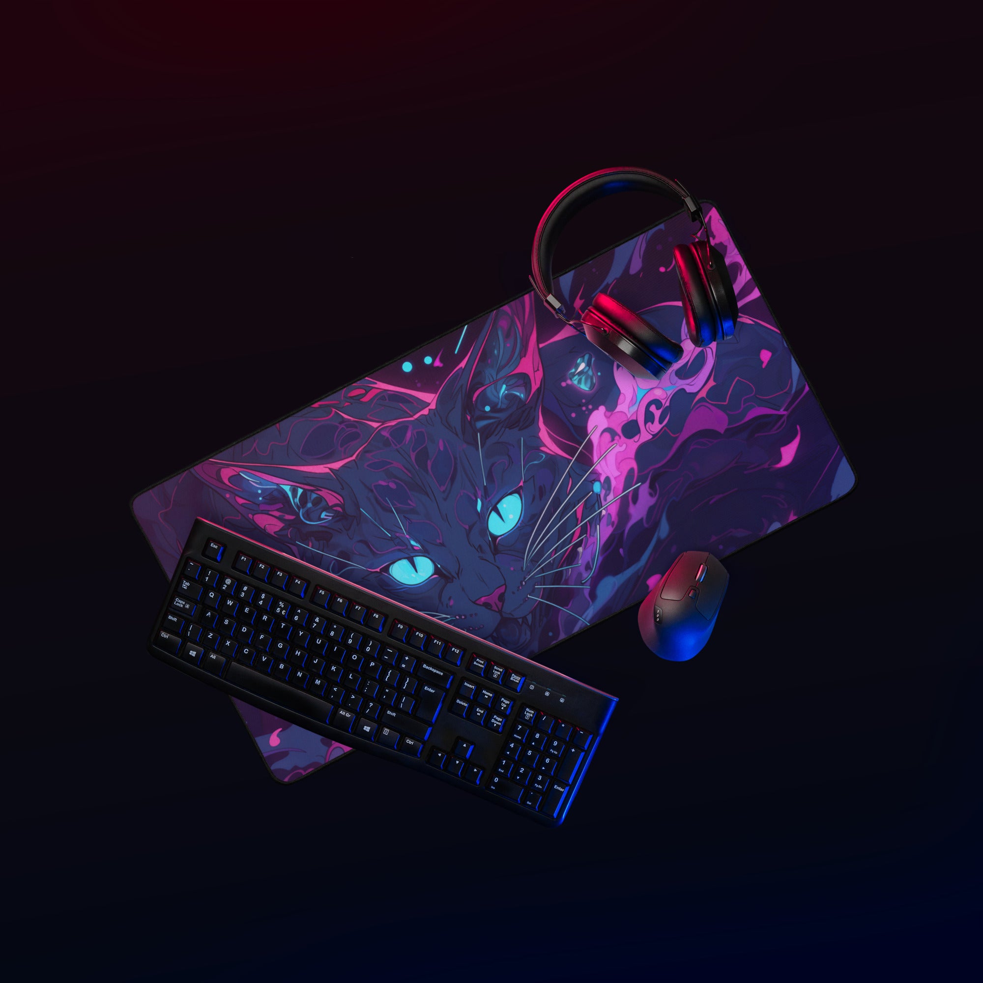 Gaming setup with keyboard, mouse, and headphones on a colorful mouse pad against a dark background